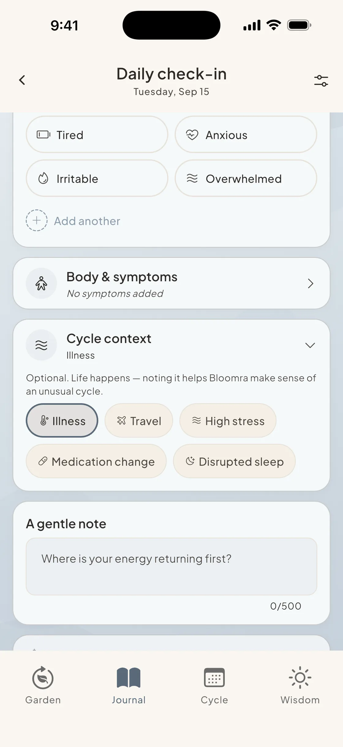 Journal with cycle context tags